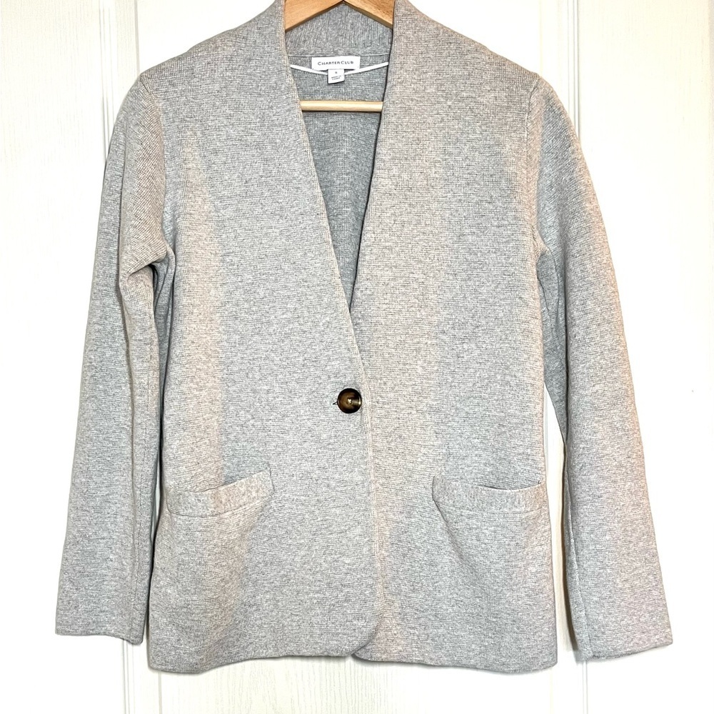 Charter Club Light Heather Grey Knit Button Blazer Size S Quiet Luxury Office